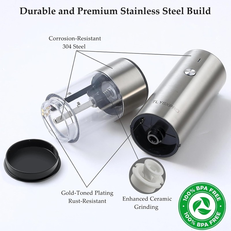 Electric Salt and Pepper Grinder Set, USB Rechargeable, Stainless Steel