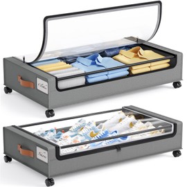 Yecaye Under Bed Storage with Wheels, 2 Pack Under Bed Storage Containers, Large Under Bed Rolling Storage with Clear Window & Label, Bedroom Storage Organizer for Clothes, Shoes, Books, Blankets