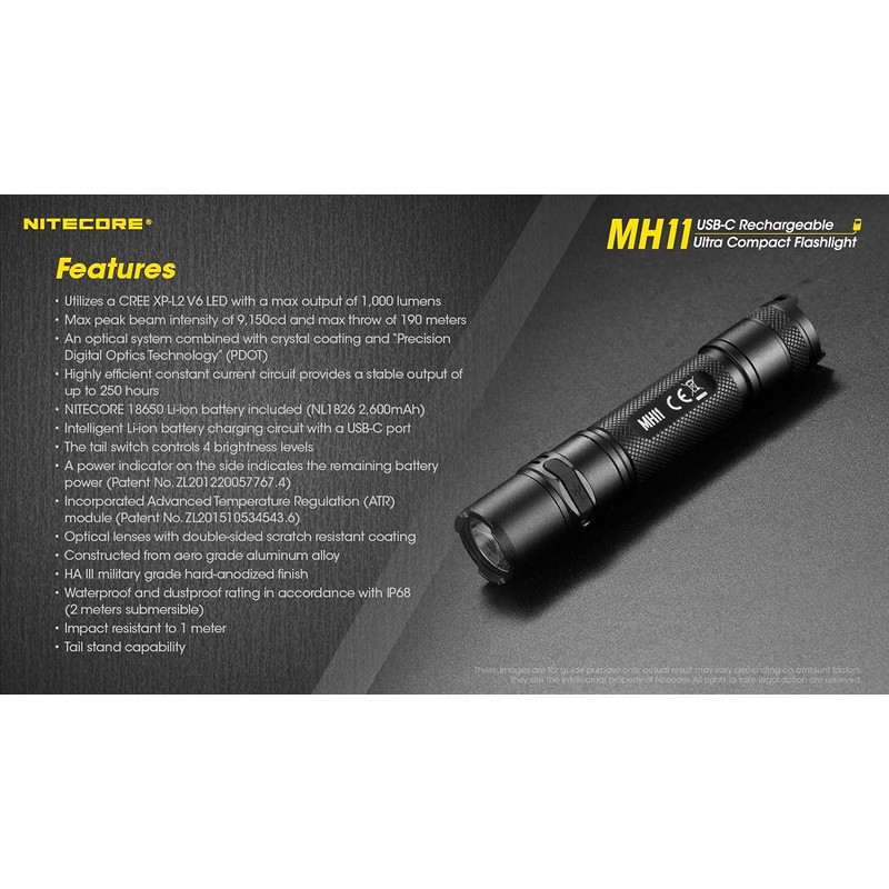 Combo: Nitecore MH11 USB-C RECHARGEABLE FLASHLIGHT - 1000 Lumen, Include