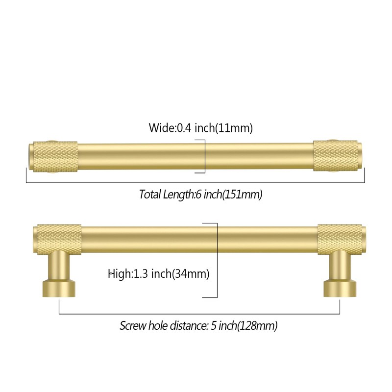 Asidrama 10 Pack 5 Inch(128mm) Brushed Gold Cabinet Pulls Knurled