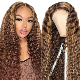 SupWig 4/27 Highlight Ombre Human Hair Wig,13x4 Deep Wave Lace Front Wig, 200 Density, Pre-Plucked Hairline with Baby Hair, Glueless,For Women (Highlight, 24 Inch)