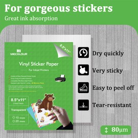 MECOLOUR Clear Sticker Paper for Inkjet Printer -95% Transparent 8.5x11 Inch Vivid Colors, Tear Resistant -20 Sheets