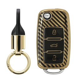 kwmobile Key Case Compatible with VW Skoda SEAT 3 Button Car Key Key Fob Cover - Metallic Carbon Fiber Gold/Black