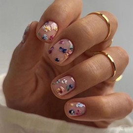 Boloshine 24 Pcs Press on Nails Short, Colorful Falling Flowers False Nails Tips, Removable Acrylic Stick on Nails Full Cover Fake Nails with Glue Stickers, Women Girls Nail Art Accessories