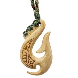 Stylized Maori Hawaiian Aged Bone Fish Hook Necklace with Scrimshaw - Medium
