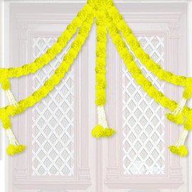 HOME GENIE Artificial Marigold Fluffy Flower/Genda Phool Garlands String for Diwali, Durga Pooja, Festival, Office, Home Warming, Wedding Decoration - Pack of 5 (Light Yellow)