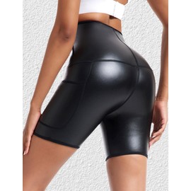FEOYA PU Leather Shorts Women High Waist Faux Leather Shorts Slim Super Elastic Push Up PU Short Pants Leather Booty Shorts Shapewear Bottoms Hot Pants with Pockets