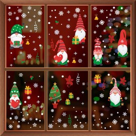 WALPLUS Christmas Window Stickers Clings Xmas Decoration Sale Clearance Reusable Double-Sided Print Decals for Glass Living Room Windows Display Xmas Gnomes with Snowflakes 198 Pieces