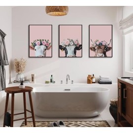 3 piezas de lona de vaca para pared pastoral de viento ganado en corona, póster impreso rosa, divertido cuadro de granja para decoración de pared para sala de estar, baño, sin marco
