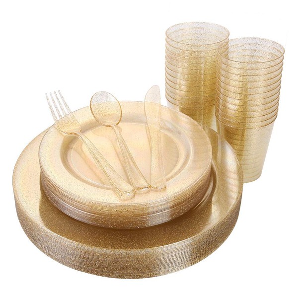I00000 150PCS Gold Disposable Plates & Plastic Silverware & Cups, Gold Glitter Dinnerware Set: 25 Dinner Plates 10.25 inch, 25 Dessert Plates 7.5 inch, 25 Tumblers 9 OZ, 25 Forks, 25 Knives, 25 Spoons