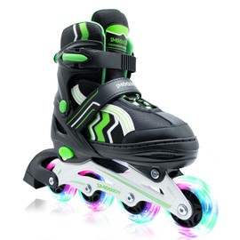SMOOJOY Inline Skates for Kids Light-Up Wheels Aluminum Frame Black Green Blade Skate for Boys and Girls S, M, L Sizes, Ages 5-8, Perfect for Beginners Indoors and Outdoors