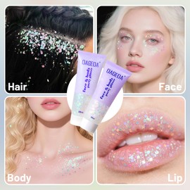 Prreal Body Glitter Gel, Face Glitters Body Gel Sequins Shimmer Liquid Eyeshadow, Chunky Glitter for Face Nails Hair, Holographic Mermaid Sequins for Festival Makeup 100 ml (White + Rainbow)