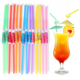 [100 Pcs] Drink Umbrellas Cocktail Straws - 10.24" to 12.8" Long Flexible Bendy Straw for Drink, Colorful Straws for Hawaiian, Tropical, Luau Party, Tiki Bar, Summer, Swimming Pool Party Decoration