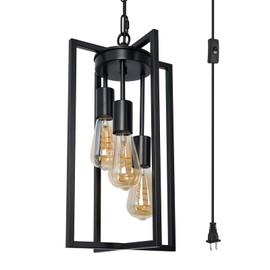 Black Industrial Plug in Pendant Lighting with 17.8ft Cord, Farmhouse Metal Cage Hanging Light Fixture for Kitchen Island, Dining Room, Entryway, Foyer