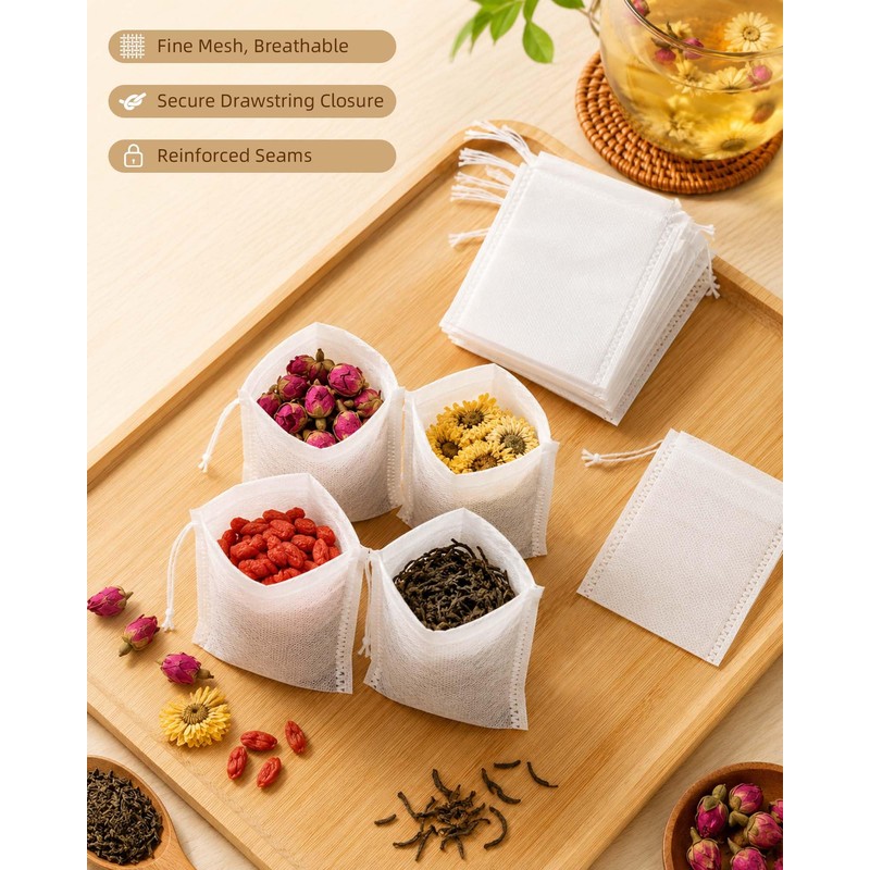 Huglux 100 Pack Tea Filter Bags with Drawstring, 7 x