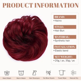Hairro Messy Bun Hair Piece for Women Synthetic Chignon Donut Hair Extensions Thick Updo Curly Wavy Ponytail Rubber Scrunchie Scrunchy Hairpiece Burgundy 35g/pc 1pc
