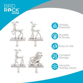 BIRDROCK HOME Reindeer & Santa Claus Stocking Holder Set for Mantle - Set of 4 - Christmas Decorations - Holiday Mantle Fireplace Topper - Decorative Metal Hanger for Stockings - Home Décor Stand