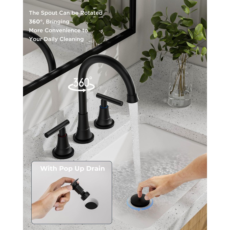 FORIOUS Matte Black Bathroom Faucets 3 Hole, 8 inch Widespread