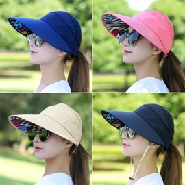 Panchitalk Women Sun Visor Hat, Wide Brim UV Protection Ponytail Sun Cap Adjustable Summer Beach Hat for Outdoor Sport, 56-60cm(Khaki)