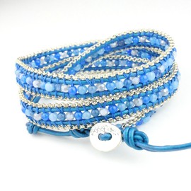 [keiundou] keiundo Original Leather 3 Row Wrap Bracelet Natural Stone aヴxentyurin Asian Blue Chain Genuine Leather Drawstring bag for men and women's keiabc03