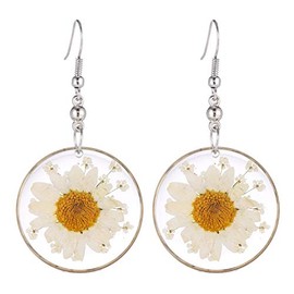 FM FM42 Multi-Colored Pressed White Daisy & White Queen Anne's Lace Flowers 1.14" Round Circle Drop Dangle Hook Earrings FE2044