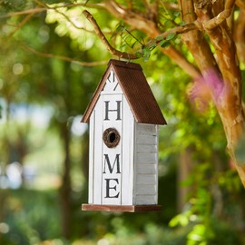 Glitzhome 14.75" H Distressed Bird House Solid Wood HOME Inspiration Decorative Pet Cottage Hanging Outdoor Garden Birdhouse,Washed White