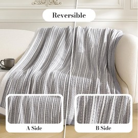 Amélie Home Chenille Striped Knit Throw Blanket for Couch Twin, Reversible Soft Cozy Knit Blanket Lightweight Warm Decorative Throw for Sofa, Bed, Living Room, 50"x60", Grey & White