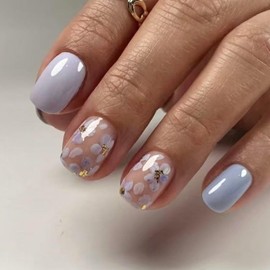 Viugex 24Pcs Light Blue Purple Press on Nails Short Square, French Tip False Nails with Flower Design, 12 Sizes Gel Fake Nails Glossy Reusable Glue on Nail, Acrylic Stick on Nail for Women Daily Wear