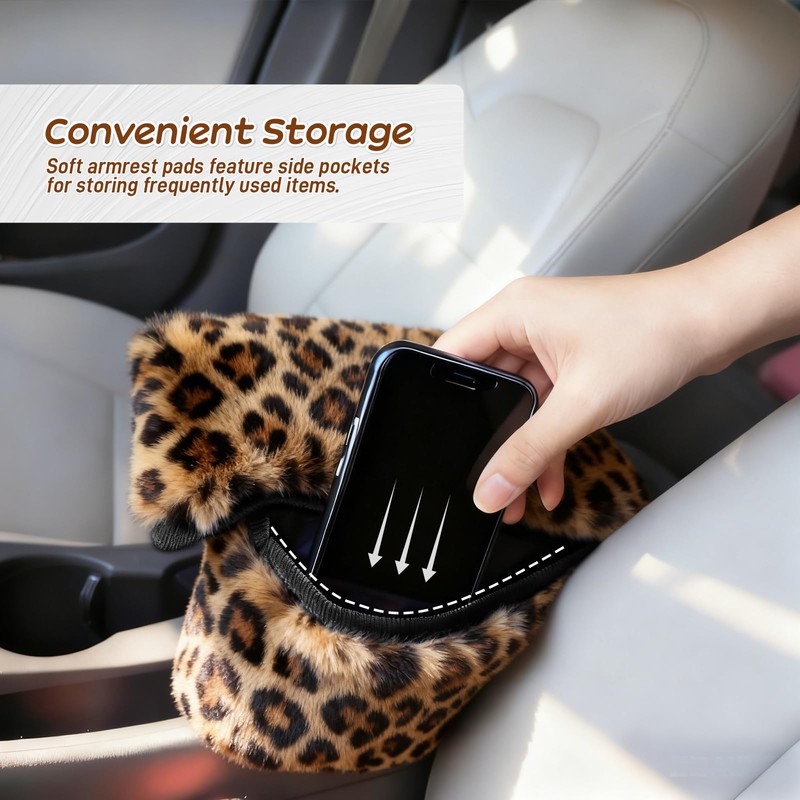 Fluffy Car Armrest Cover with Side Pockets – Plush Fuzzy