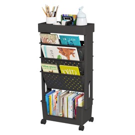 yeavs 5-Tier Mobile Bookshelf, Rolling Bookcase Book Storage Rack, Movable File Folder Organizer Cart with Wheels for Home Study Office Living Room Classroom, Black