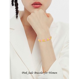 HPQQ Pink Jade Bracelet for Women 18k Gold Plated Sterling Silver Jade Jewelry Fortune Good Luck Gemstone Bangle Bracelet Birthday Christmas Gifts for Mom Wife Grandma