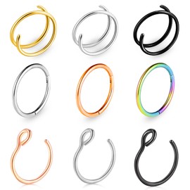 Double Hoop Nose Ring for Single Piercing Spiral Nose Ring Double Nose Ring for Women Girls (9pcs round)