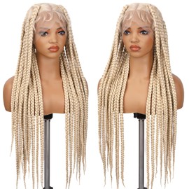 Lady Miranda Full Lace Jumbo Braided Wigs for Black Women Knotless Box Braid Wig with Baby Hair 32" Glueless Wigs Jumbo Box Braids Lace Front Synthetic Wig (Blonde)