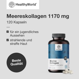 HealthyWorld Marine Collagen - High Concentration - 1170 mg per Daily Dose - 120 Plant Capsules - Hydrolysed Fish Collagen Type I and III - 2 Month Supply - For Hair, Nails and Skin