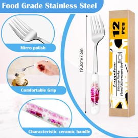 Loppdece 12Pcs Dinner Forks, Stainless Steel Floral Design Flatware with Ceramic Handle, Dessert & Table Forks for Home & Restaurant (12 Floral Patterns)