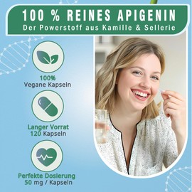 NEU!: Apigenin Kapseln Hochdosiert: 50 MG / 120 Kapseln - Aus der Apotheke- Besser Schlafen + Antioxidant - Laboranalysiert in Deutschland - Pro Genetics