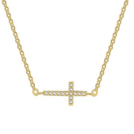 Aprila Sideway Cross Necklace,14K Gold Plated Brass Cubic Zirconia Faith Pendant Necklace Jewelry for Women