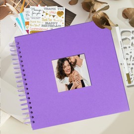 Miaikoe 20.5x20.5 cm DIY Scrapbook Album with Window Hardcover Kraft Blank Paper Scrap Book with 20 Sheets Photo Album for Guest Book, Family Wedding Anniversary (Purple)
