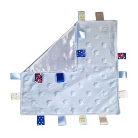 Royal Icon Baby Comforters tag blanket – Ultra Soft and Unique Design Taggies for Babies – Hypoallergenic Baby Taggy Blanket for Newborn Toddlers Boys and Girls 35x35 Cm (Blue Stars - Ri16)