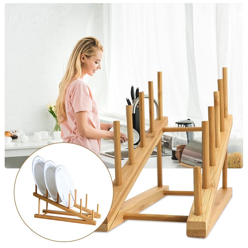 4 PCS Wooden Dish Drying Rack Bamboo Plate Dish Rack
