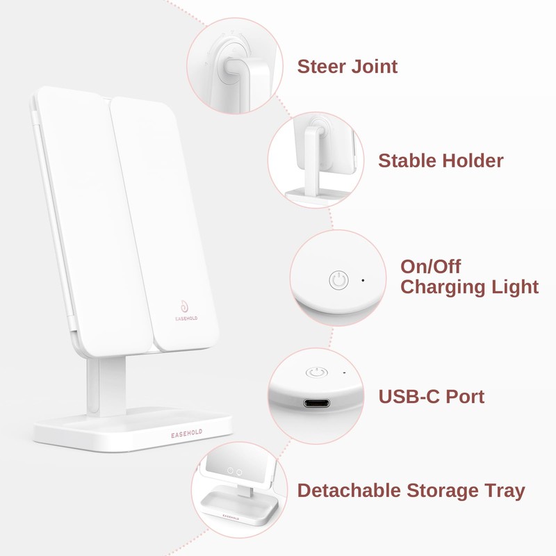 EASEHOLD Vanity Mirror with Lights, 2X 3X Magnification, Trifold, Rechargable,