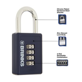 BRINKS - 40mm 4-Dial Resettable Sports Padlock - Zinc Die-Cast Body with Chrome Plated Shackle, Navy