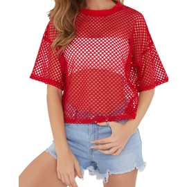 Women's Mesh Net See Through Fishnet T-Shirt Crop Top (Medium, red)