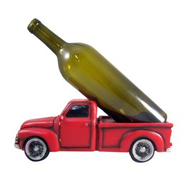 DWK Vintage Red Truck Decorative Wine Bottle Holder | Americana Decorations and Vintage Desk Accessories | Bottle Holder for Cabinet and Shelf Decor - 11.5"