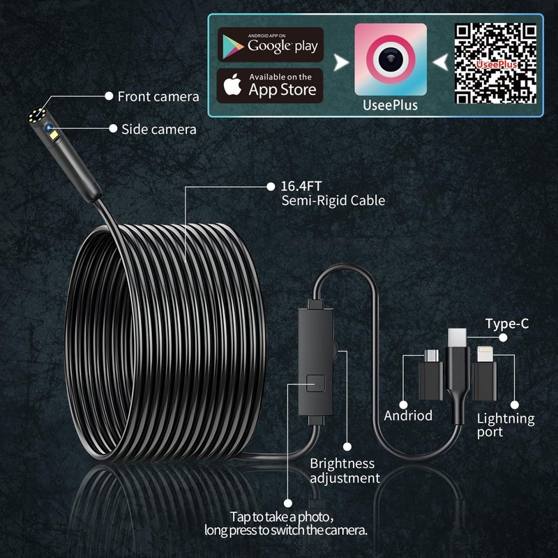 DPduct Dual Lens Endoscope Camera with Light, 7.9mm 1920P HD