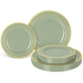 Whaline Whaline 50Pcs Sage Green Plastic Plates Gold Foil Bordered Disposable Plates Decorative Dinner Dessert Plates for Bridal Shower Wedding Party Supplies Table Decor