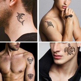 Dopetattoo 6 Sheets Maori Tattoo Temporary Tattoos for Men Adults Maori Tribal Stingray Taurus Ethnic Ox Zodiac Polynesian Turtles Shark Fish Dragonfly Exotic Insect Tattoos Women Neck Arm Chest Woman