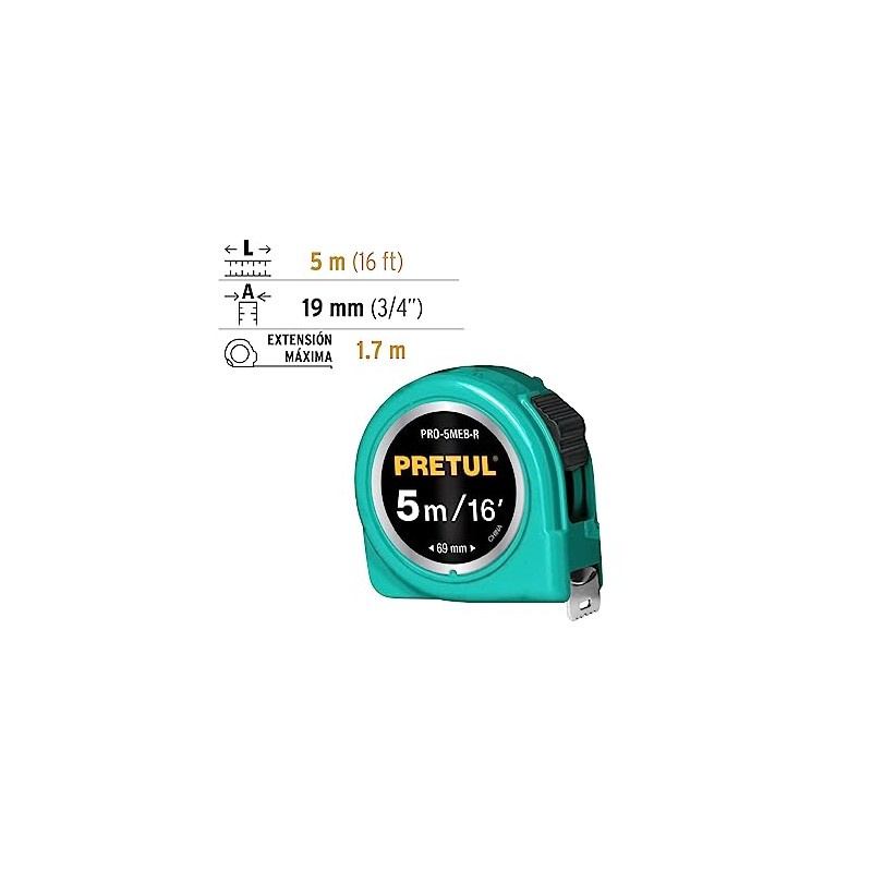 Pretul PRO-5MEB-R, Flexómetro, verde, 5 m, cinta 19 mm tarjeta