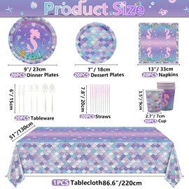161Pcs Mermaid Birthday Decorations - Including Mermaid Party Plates and Napkins, Mermaid Scale Cups, Mermaid Tablecloth for Girl Kids Baby Shower Little Mermaid Birthday Party Supplies, Serve 20