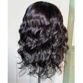 ANDRIA Hair Short Bob Lace Front Wigs Glueless Natural Wave Synthetic Heat Resistant Fiber Hair Wig With Baby Hair For Black Women 16 Inch Black Wavy Wigs